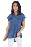 Short Sleeve Buttoned Denim Shirt with Pocket