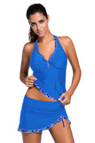 Contrast Trim Royal Blue Halter Tankini Top with Swimsuit Skirt Tankini Set