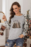 Christmas Trees Graphic Leopard Raglan Sleeve Top