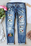 Christmas Tree Splicing Distressed Boyfriend Jeans