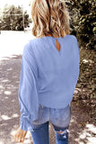 Sky Blue Crew Neck Ruffle Bubble Sleeve Top