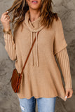 Khaki Cowl Neck Drawstring Patchwork Sleeve Sweater