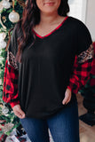 Sequined Leopard Insert Plaid Sleeve Plus Size Top