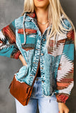 color Aztec Print Frayed Hem Denim Jacket