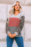 Wild Leopard Contrast Sleeve Colorblock Waffle Knit Top