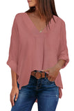 V Neck 3/4 Sleeve High Low Hem Shirt