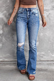 Acid Wash Beaded Ripped High Waist Flare Jeans