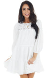 Eyelet Lace Yoke Mini Dress with 3/4 Bubble Sleeves