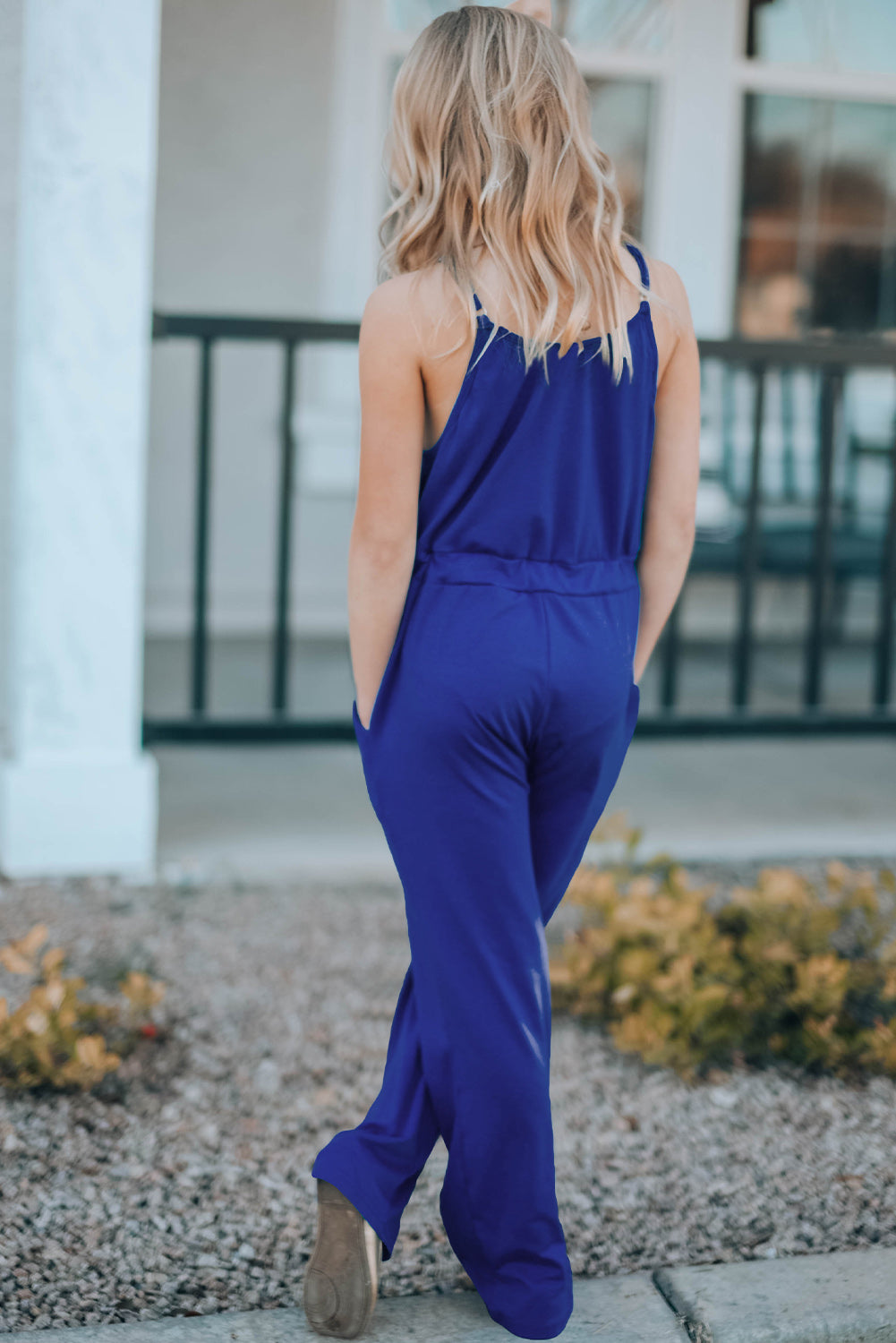 Women's Striped One Piece Jumpsuit with Spaghetti Straps - Royal Blue