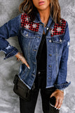 Snowflake Plaid Patchwork Distressed Denim Jacket