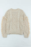 Apricot Cable Knit Fringe Trim Sweater