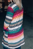 color Striped Print Long Sleeve Open Front Long Cardigan