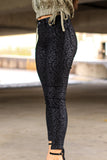 Black Sheen Leopard Print Mid Rise Skinny Pants