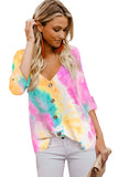 V-neck Long Sleeve Tie-dye Blouse With Buttons Closure