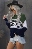 Green Color Block Leopard Splicing Sweater