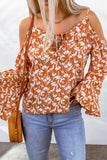 Tie Neck Cold Shoulder Flare Sleeve Floral Blouse