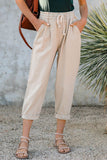 Beige Drawstring Pocketed Straight Leg Denim Pants