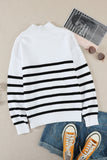 Striped Turtleneck Long Sleeve Sweater with Buttons