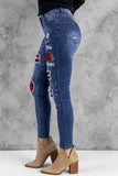 Christmas Tree Print Plaid Patch Destroyed Skinny Jeans