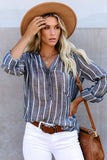 Striped V Neck Pocket Long Sleeve Top