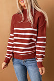 Striped Turtleneck Long Sleeve Sweater with Buttons