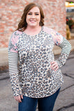 Plus Size Leopard Stripe Floral Patch Crew Neck Long Sleeve Top