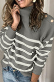 Striped Turtleneck Long Sleeve Sweater with Buttons