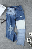 Colorblock Patchwork Ripped Hole Crop Straight Jeans