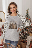 Christmas Trees Graphic Leopard Raglan Sleeve Top