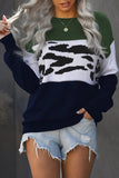 Green Color Block Leopard Splicing Sweater