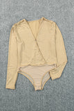 Khaki Rhinestone Surplice V Neck Long Sleeve Bodysuit