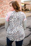 Plus Size Leopard Stripe Floral Patch Crew Neck Long Sleeve Top