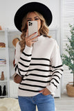 Striped Turtleneck Long Sleeve Sweater with Buttons