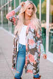 Striped Cuffs Floral Print Long Cardigan