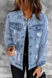 Sky Blue Distressed Buttons Washed Denim Jacket