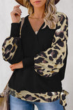 Leopard Splicing V-neck Lantern Sleeve Waffle Knit Sweatshirt