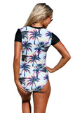 Print Zip Front Half Sleeve One Piece Swimsuit