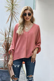 V Neck 3/4 Sleeve High Low Hem Shirt