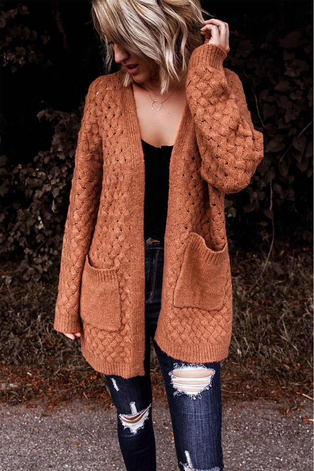 Open Front Woven Texture Knitted Cardigan with Pockets – ALELLY