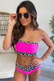 Neon Pink Leopard Print Trim Bandeau Bikini