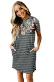 Floral Striped Print T-shirt Mini Dress with Pockets