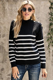 Striped Turtleneck Long Sleeve Sweater with Buttons