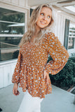 Floral Print Shirred Long Sleeve V Neck Blouse