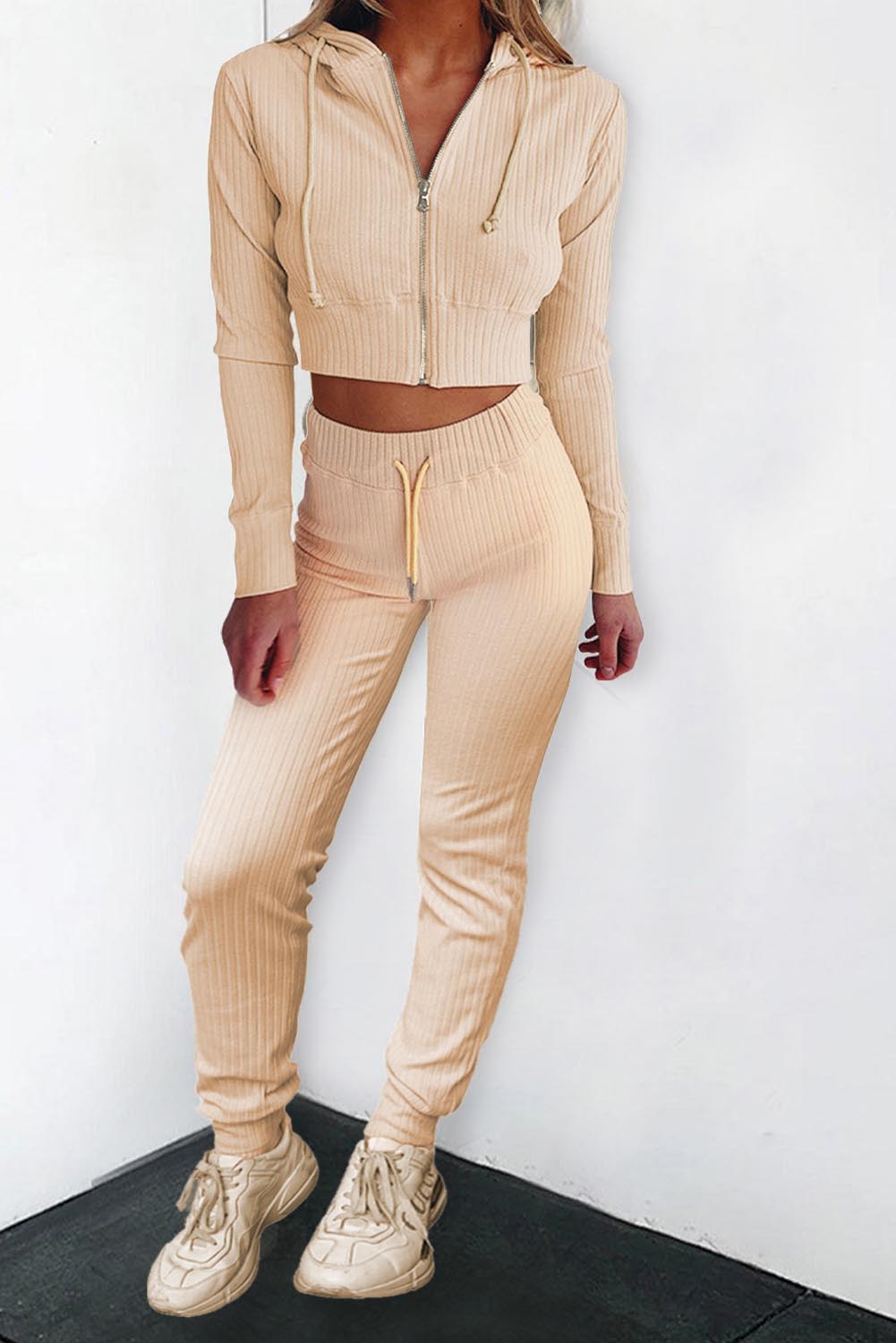 Ribbed Knit Cropped Hoodie and Jogger Set ALELLY