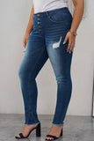 Plus Size High Rise Buttons Distressed Ankle Skinny Jeans