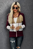 Zipped Front Colorblock Hollow-out Knit Hoodie