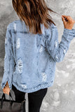 Sky Blue Distressed Buttons Washed Denim Jacket