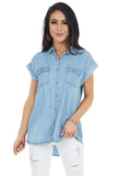 Short Sleeve Buttoned Denim Shirt with Pocket