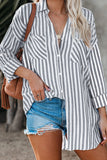 Stripe Linen Dropped Sleeve Button Blouse with Pocket