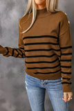 Striped Turtleneck Long Sleeve Sweater with Buttons